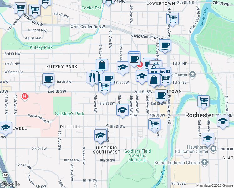 map of restaurants, bars, coffee shops, grocery stores, and more near in Rochester