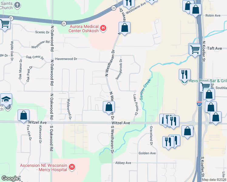 map of restaurants, bars, coffee shops, grocery stores, and more near 342 North Westhaven Drive in Oshkosh