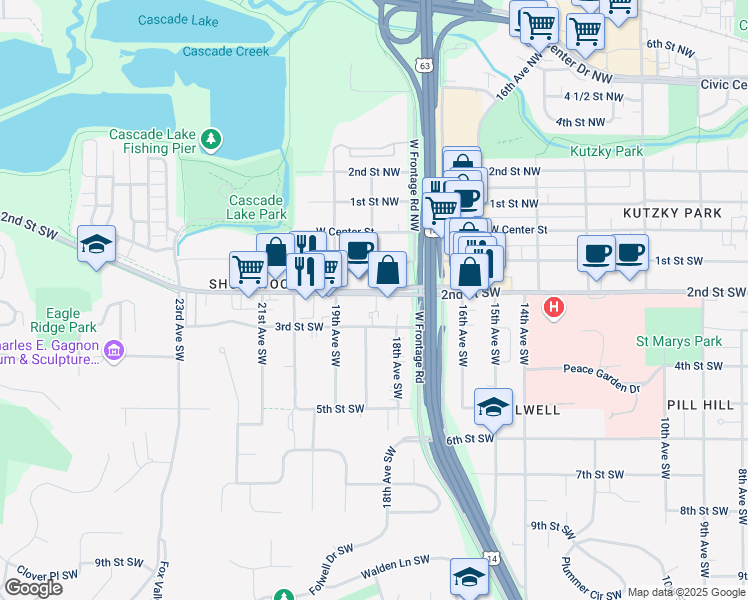 map of restaurants, bars, coffee shops, grocery stores, and more near 1751 2nd Street Southwest in Rochester