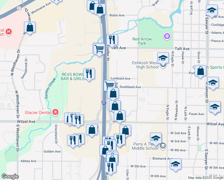 map of restaurants, bars, coffee shops, grocery stores, and more near 279 Sullivan Street in Oshkosh