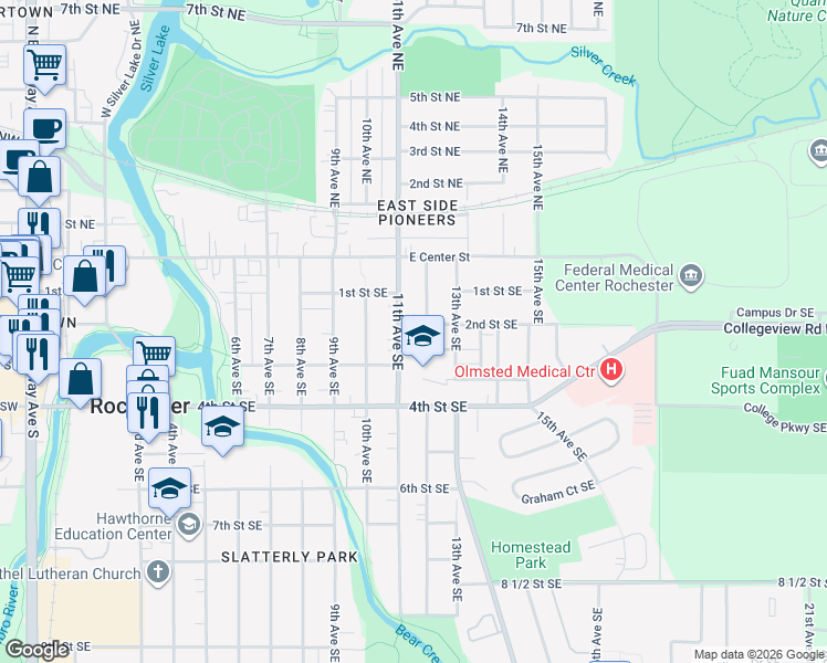 map of restaurants, bars, coffee shops, grocery stores, and more near 117 12th Avenue Southeast in Rochester