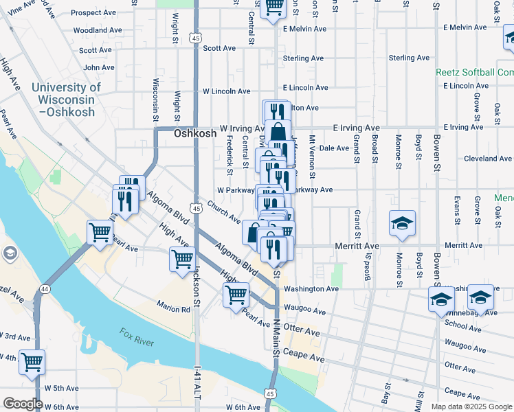 map of restaurants, bars, coffee shops, grocery stores, and more near 545 Division Street in Oshkosh