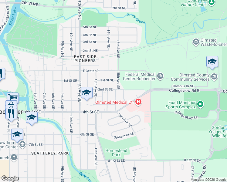 map of restaurants, bars, coffee shops, grocery stores, and more near 117 15th Avenue Southeast in Rochester