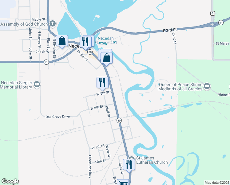 map of restaurants, bars, coffee shops, grocery stores, and more near 502 South Main Street in Necedah