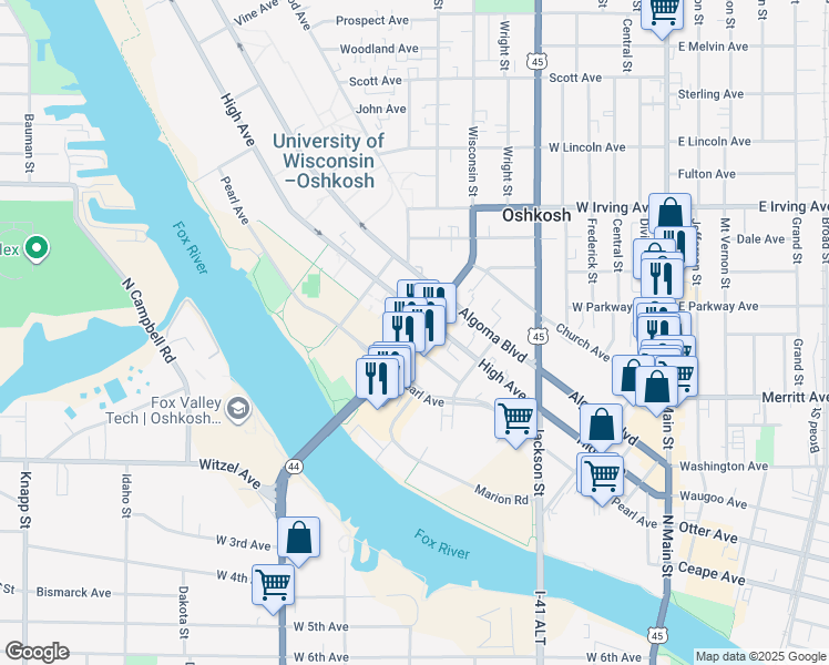 map of restaurants, bars, coffee shops, grocery stores, and more near 617 High Avenue in Oshkosh