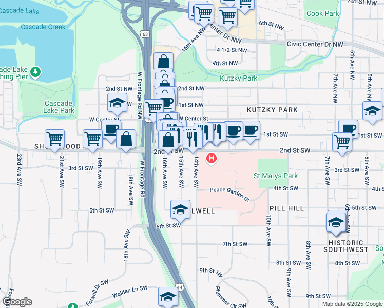 map of restaurants, bars, coffee shops, grocery stores, and more near 1406 2nd Street Southwest in Rochester