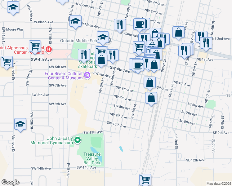 map of restaurants, bars, coffee shops, grocery stores, and more near 591 Southwest 3rd Street in Ontario