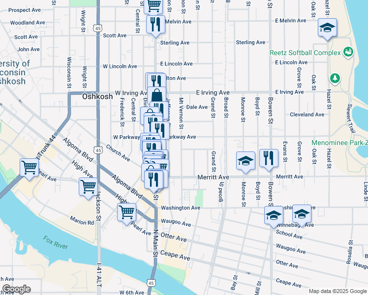 map of restaurants, bars, coffee shops, grocery stores, and more near 215 East Parkway Avenue in Oshkosh
