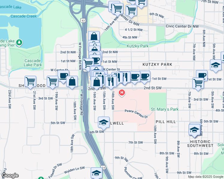map of restaurants, bars, coffee shops, grocery stores, and more near 161 13th Avenue Southwest in Rochester
