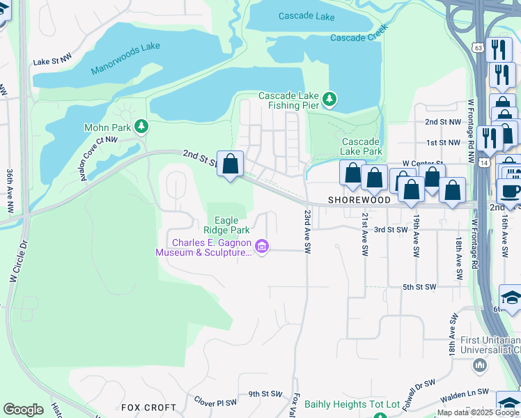 map of restaurants, bars, coffee shops, grocery stores, and more near 2400 Country Club Road Southwest in Rochester