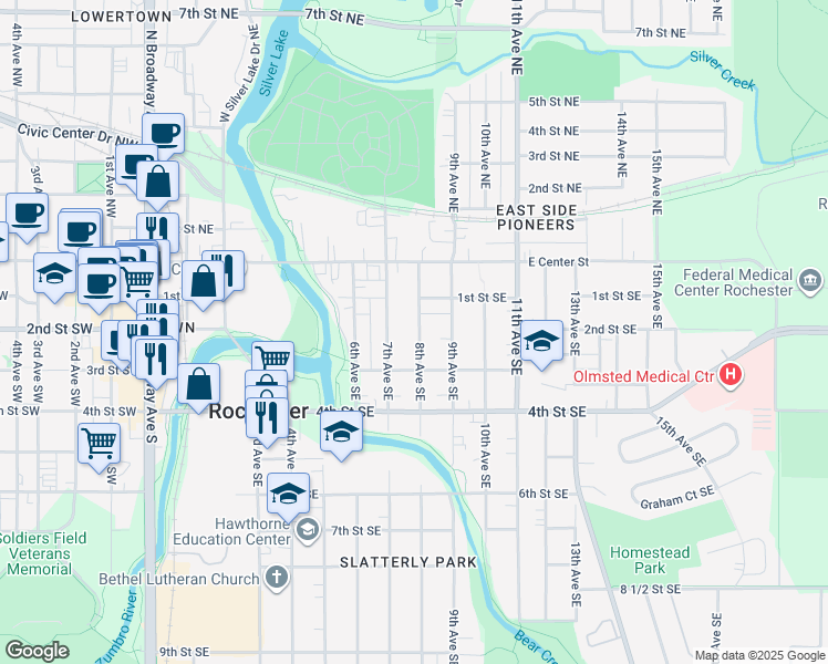 map of restaurants, bars, coffee shops, grocery stores, and more near 203 8th Avenue Southeast in Rochester
