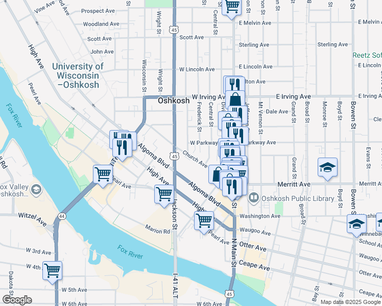 map of restaurants, bars, coffee shops, grocery stores, and more near 234 Church Avenue in Oshkosh