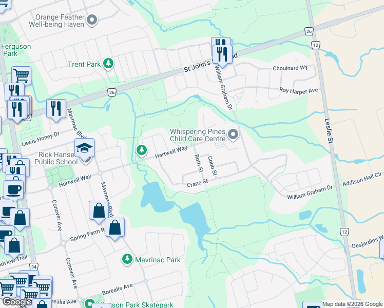 map of restaurants, bars, coffee shops, grocery stores, and more near 97 Roth Street in Aurora