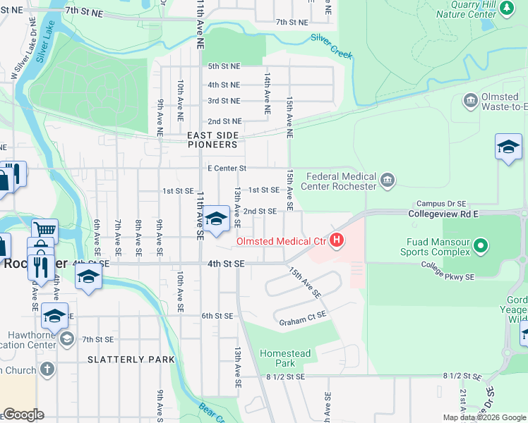 map of restaurants, bars, coffee shops, grocery stores, and more near 201 14th Avenue Southeast in Rochester