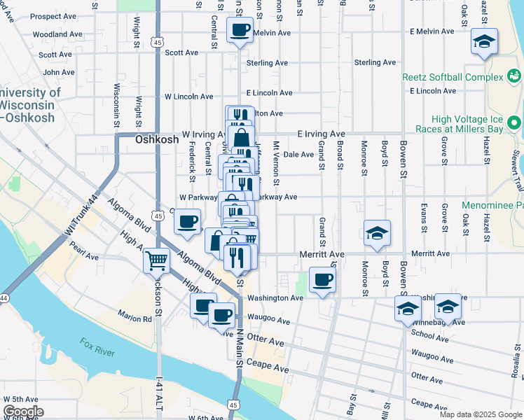 map of restaurants, bars, coffee shops, grocery stores, and more near 576 Jefferson Street in Oshkosh