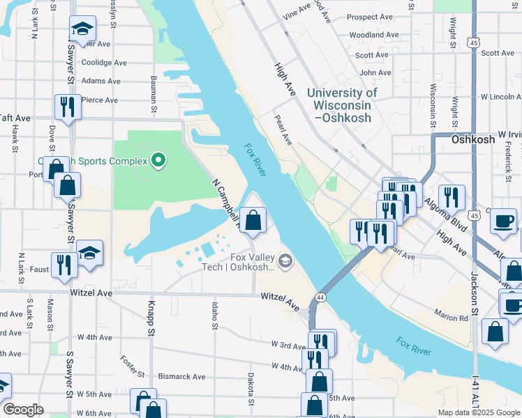 map of restaurants, bars, coffee shops, grocery stores, and more near 240C North Campbell Road in Oshkosh