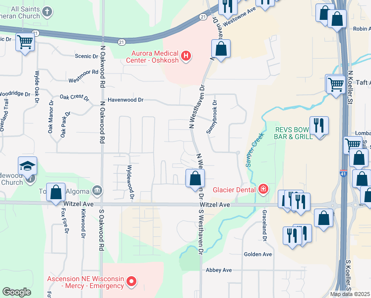 map of restaurants, bars, coffee shops, grocery stores, and more near 351 North Westhaven Drive in Oshkosh