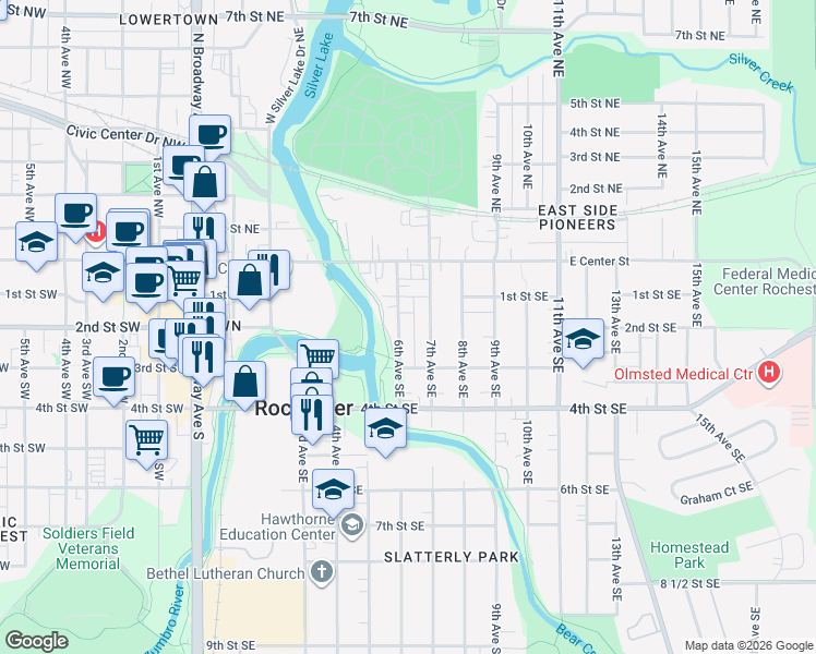 map of restaurants, bars, coffee shops, grocery stores, and more near 117 7th Avenue Northeast in Rochester