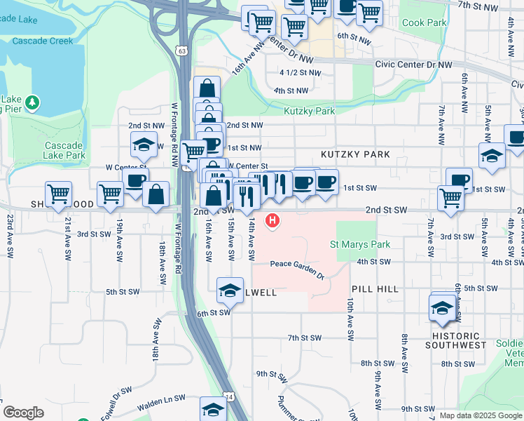 map of restaurants, bars, coffee shops, grocery stores, and more near 2nd St SW & 13th Ave SW in Rochester