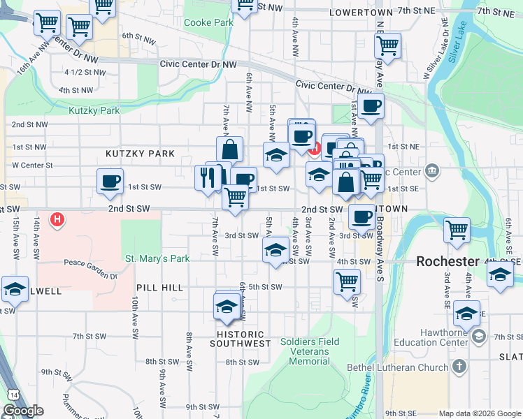 map of restaurants, bars, coffee shops, grocery stores, and more near in Rochester