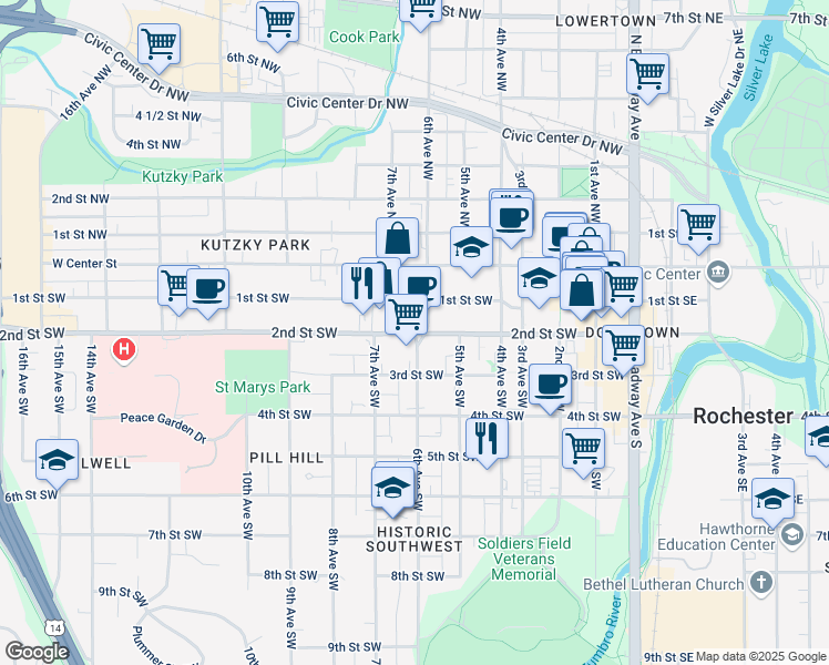 map of restaurants, bars, coffee shops, grocery stores, and more near 2nd Street Southwest & 6th Avenue Southwest in Rochester