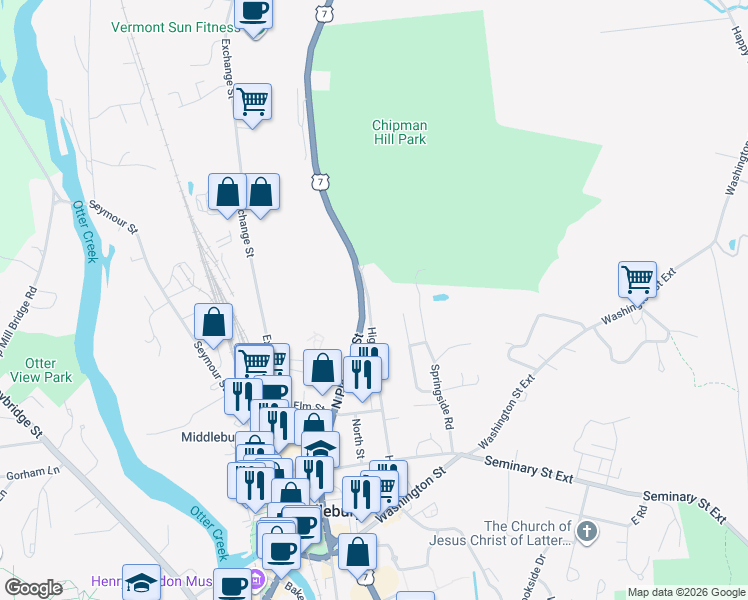 map of restaurants, bars, coffee shops, grocery stores, and more near 92 North Pleasant Street in Middlebury