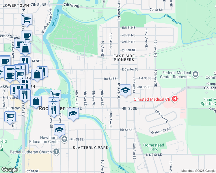 map of restaurants, bars, coffee shops, grocery stores, and more near 120 9th Avenue Southeast in Rochester