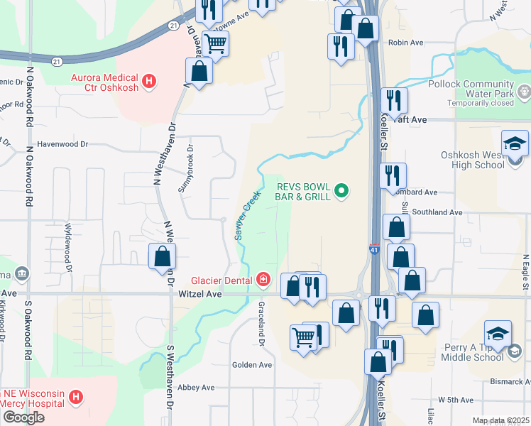 map of restaurants, bars, coffee shops, grocery stores, and more near 2235 Brookview Court in Oshkosh