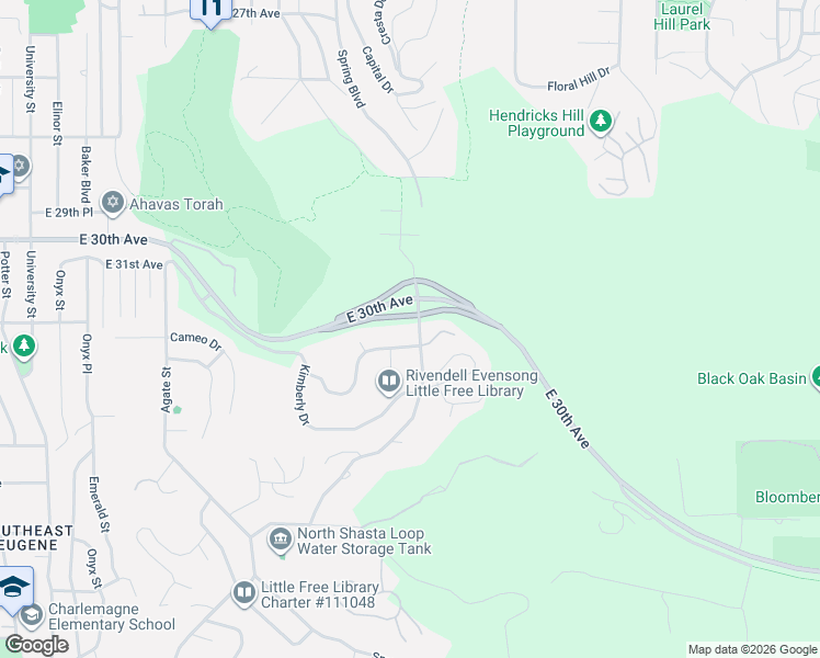map of restaurants, bars, coffee shops, grocery stores, and more near 3430 Spring Boulevard in Eugene