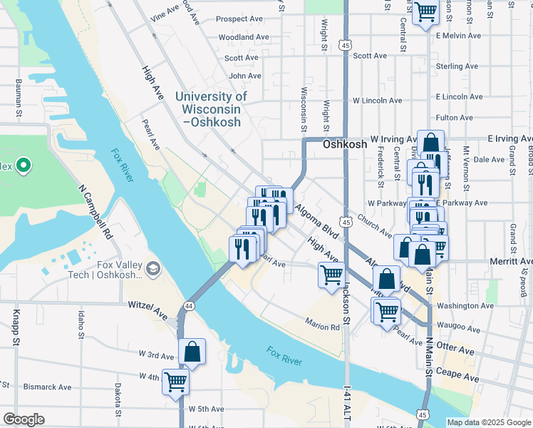 map of restaurants, bars, coffee shops, grocery stores, and more near 617-661 High Ave in Oshkosh