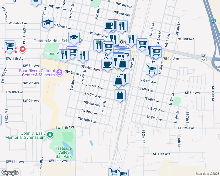 map of restaurants, bars, coffee shops, grocery stores, and more near 530 Southwest 1st Street in Ontario