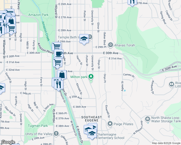 map of restaurants, bars, coffee shops, grocery stores, and more near 3195 University Street in Eugene