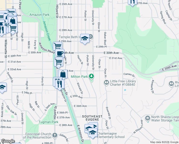 map of restaurants, bars, coffee shops, grocery stores, and more near 3195 University Street in Eugene