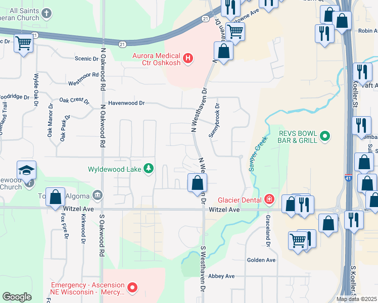 map of restaurants, bars, coffee shops, grocery stores, and more near 351 North Westhaven Drive in Oshkosh