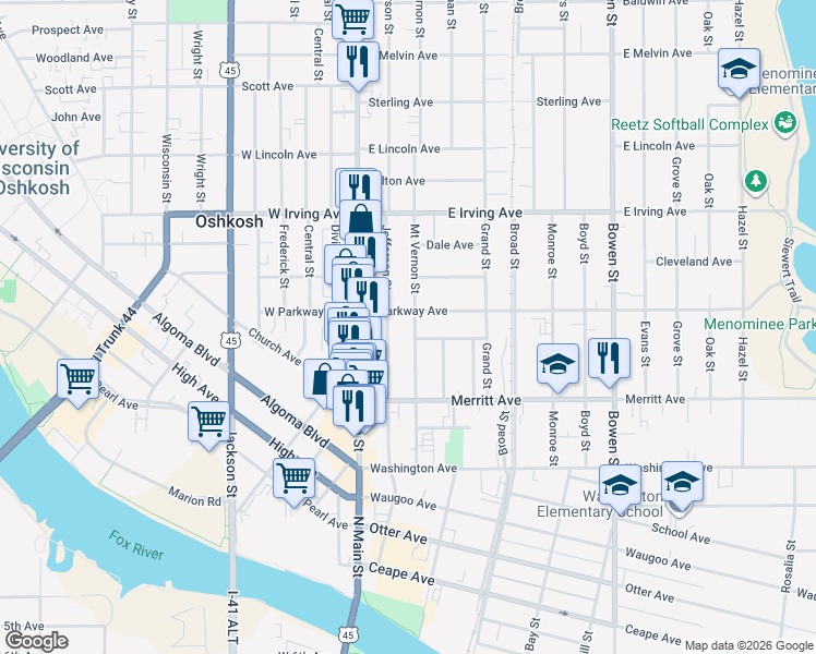 map of restaurants, bars, coffee shops, grocery stores, and more near 576 Jefferson Street in Oshkosh