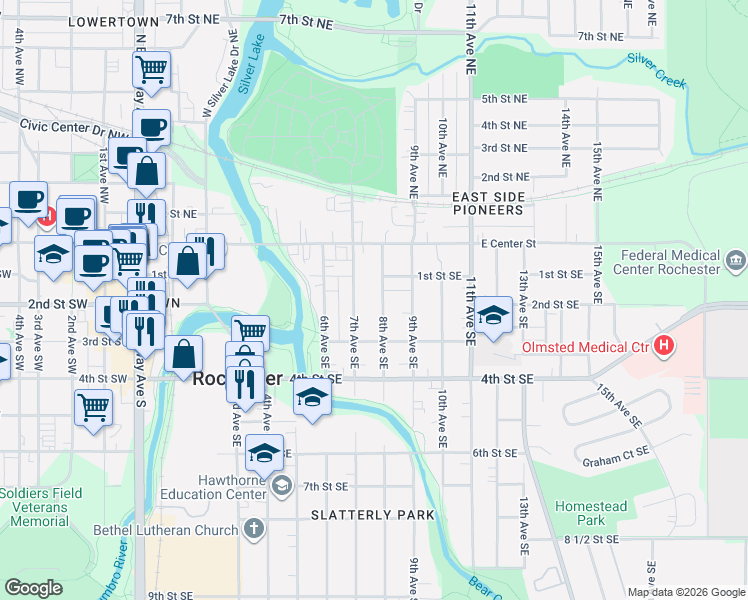 map of restaurants, bars, coffee shops, grocery stores, and more near 112 8th Avenue Southeast in Rochester