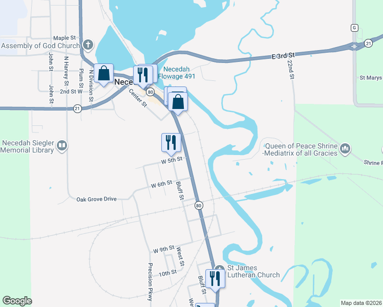 map of restaurants, bars, coffee shops, grocery stores, and more near 502 South Main Street in Necedah