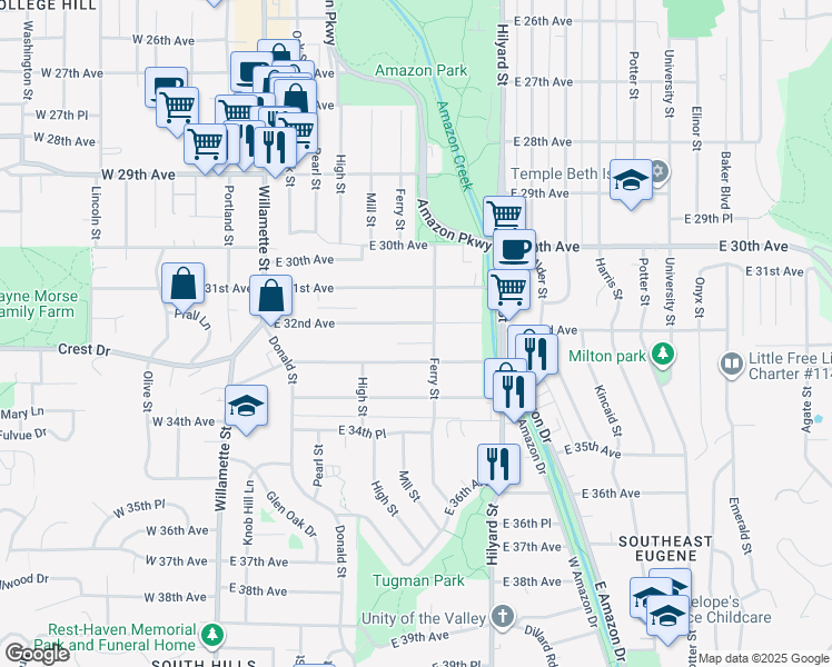 map of restaurants, bars, coffee shops, grocery stores, and more near 468 East 32nd Avenue in Eugene