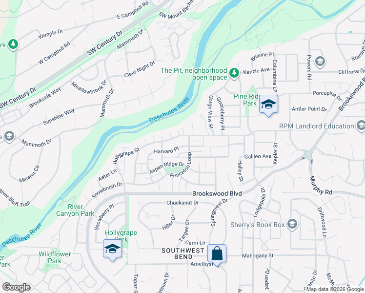 map of restaurants, bars, coffee shops, grocery stores, and more near 19693 Harvard Place in Bend
