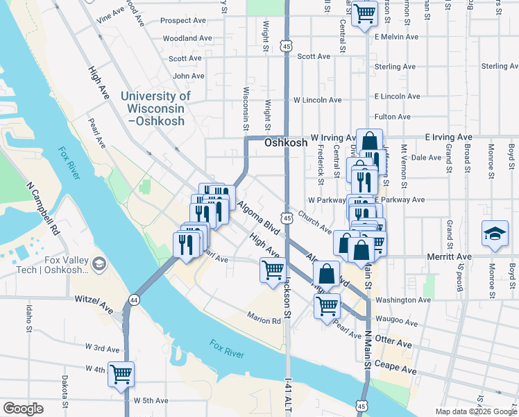 map of restaurants, bars, coffee shops, grocery stores, and more near 516 Algoma Boulevard in Oshkosh