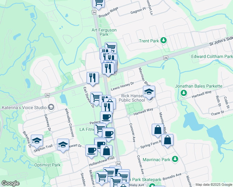 map of restaurants, bars, coffee shops, grocery stores, and more near 108 Lewis Honey Drive in Aurora