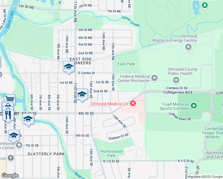 map of restaurants, bars, coffee shops, grocery stores, and more near 125 15th Avenue Southeast in Rochester
