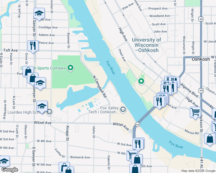 map of restaurants, bars, coffee shops, grocery stores, and more near 240C North Campbell Road in Oshkosh
