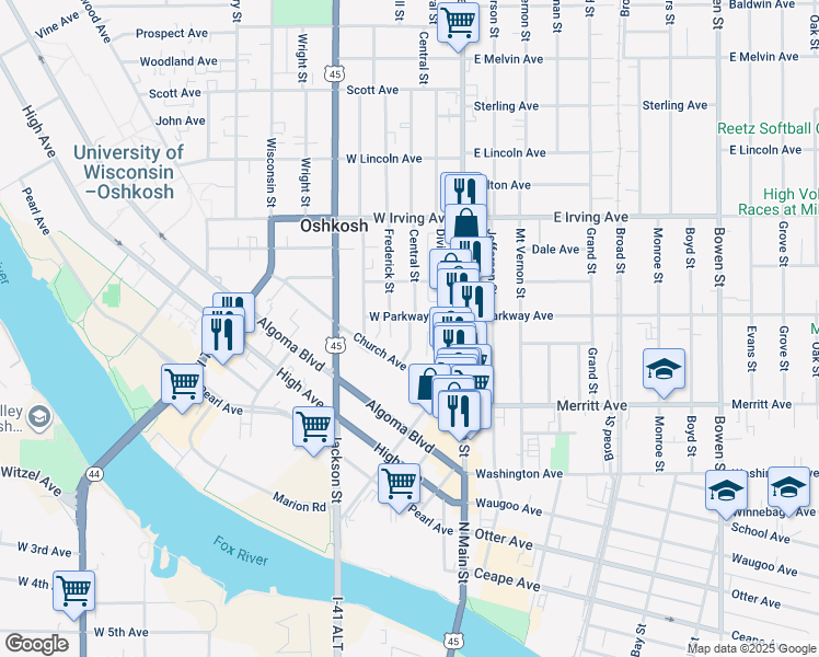 map of restaurants, bars, coffee shops, grocery stores, and more near 535 Central Street in Oshkosh