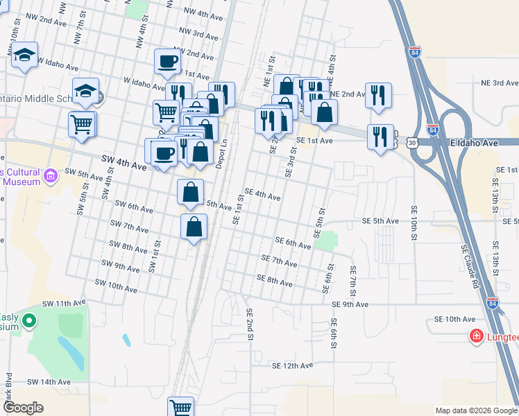 map of restaurants, bars, coffee shops, grocery stores, and more near 438 Southeast 2nd Street in Ontario