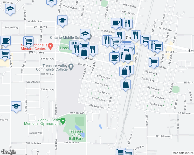 map of restaurants, bars, coffee shops, grocery stores, and more near 591 Southwest 3rd Street in Ontario