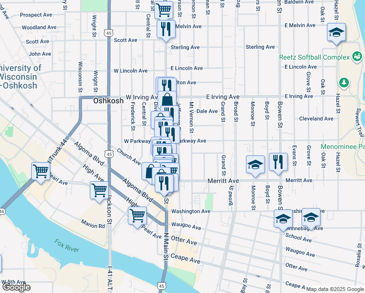 map of restaurants, bars, coffee shops, grocery stores, and more near 576 Jefferson Street in Oshkosh