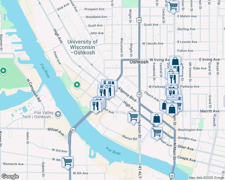 map of restaurants, bars, coffee shops, grocery stores, and more near 306 Wisconsin Street in Oshkosh