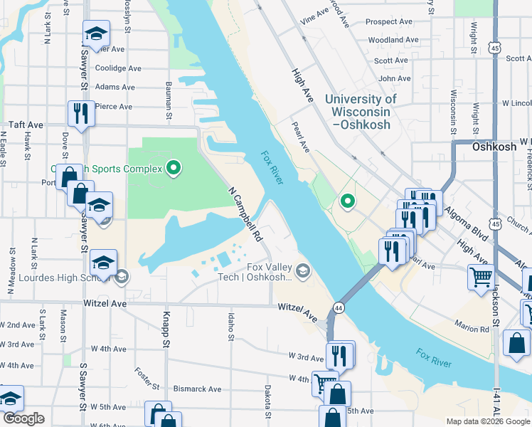 map of restaurants, bars, coffee shops, grocery stores, and more near 240C North Campbell Road in Oshkosh