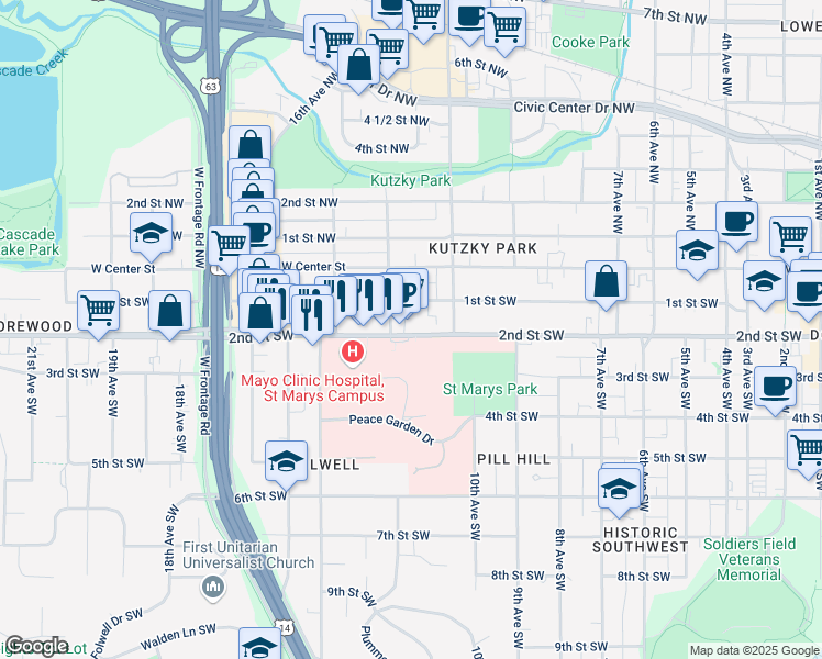 map of restaurants, bars, coffee shops, grocery stores, and more near 1137 2nd Street Southwest in Rochester